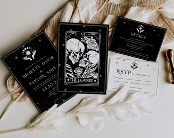 Suite gótica de invitación de boda de Halloween, plantilla editable, paquete de invitación de boda de cartas del tarot, invitación de los amantes, WR033