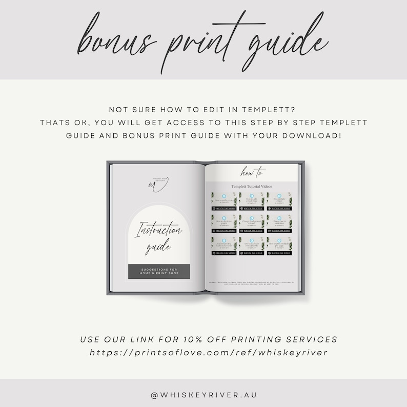 May include: An open book with the text "bonus print guide" at the top. The left page says "Instruction guide" and the right page shows "how to" videos. The text also includes a link for 10% off printing services.