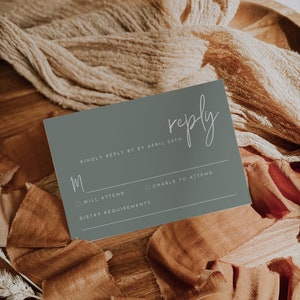 Modelo editável de cartão postal Sage RSVP, código QR RSVP, download instantâneo, cartão de resposta de casamento minimalista, cartão Rsvp online, WR029