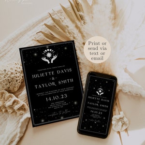 Invitación de boda de tarot gótico: Los amantes (plantilla editable) imagen 3