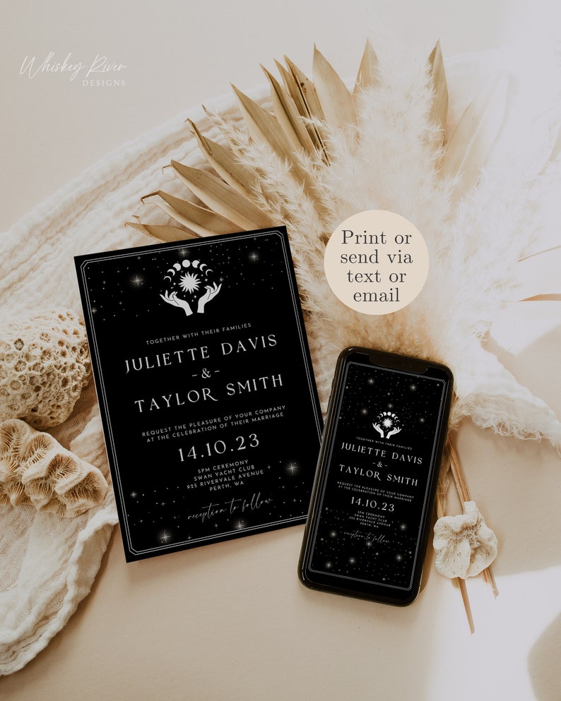 Invitación de boda de tarot gótico: Los amantes (plantilla editable) imagen 3