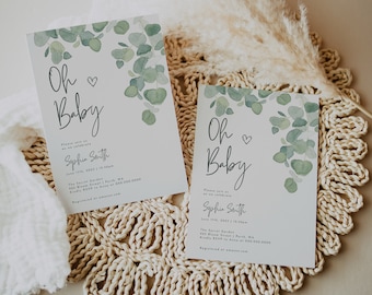 Sage Green Eucalyptus Baby Shower Invitation (Editable Template)