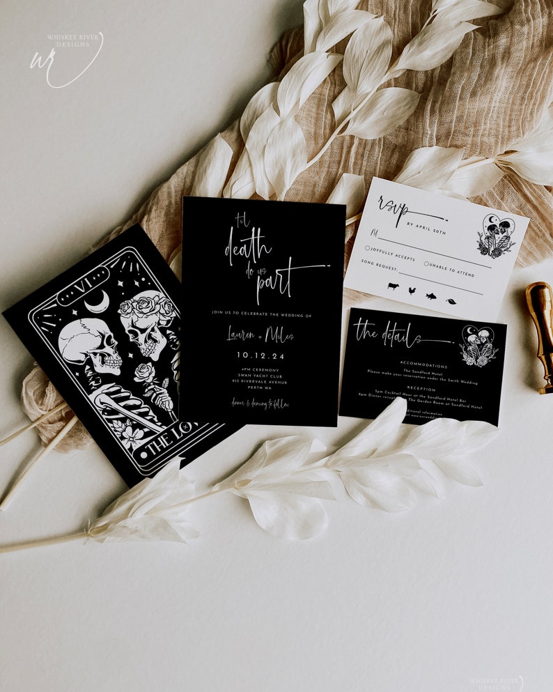 May include: Black and white wedding invitation with a tarot card design featuring two skeletons holding roses. The text reads "Til death do us part" and "Join us to celebrate the wedding of Lauren & Miles 10.12.24".
