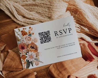 May include: A white card with a floral design and a QR code. The card says "kindly RSVP by 20th March 2024" and "Please scan the QR code to RSVP on our wedding website www.laurenandmiles.com".