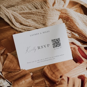 QR コード付き結婚式 RSVP カード、編集可能なテンプレート、招待状返信ポストカード、ミニマリスト オンライン返信カード、WR037