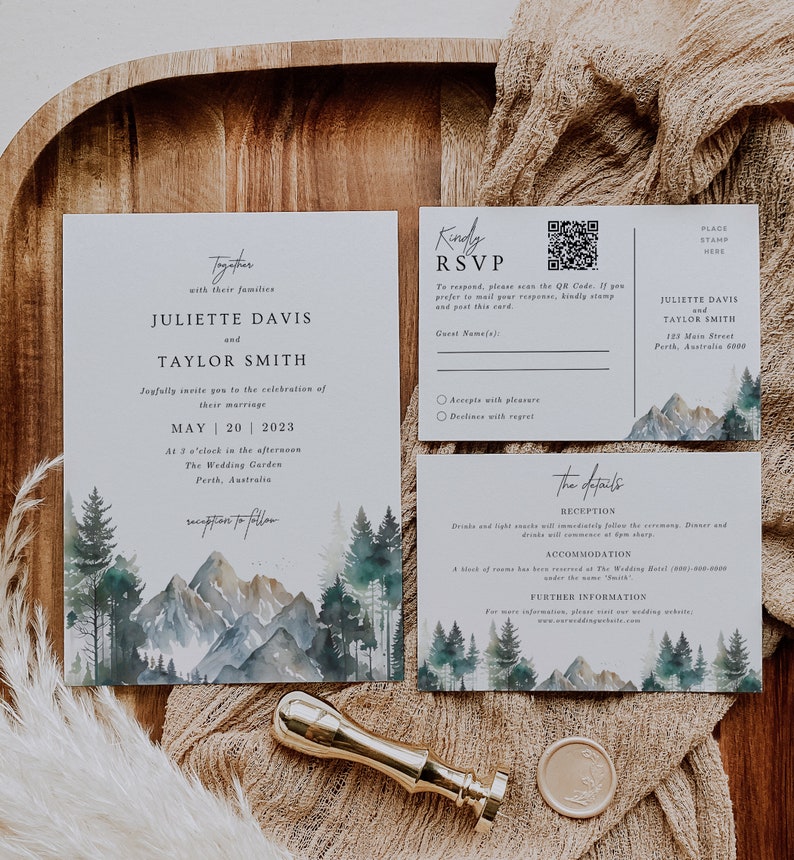 Mountain Wedding Invitation Template Set With QR Code Instant Etsy