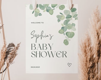Eucalyptus Baby Shower Welcome Sign: Neutral Greenery (Editable, Instant Download)