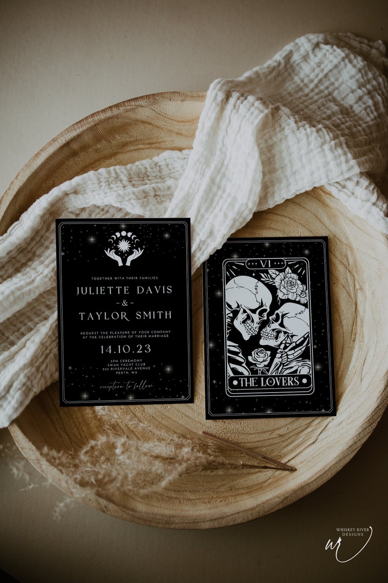 Invitación de boda de tarot gótico: Los amantes (plantilla editable) imagen 2