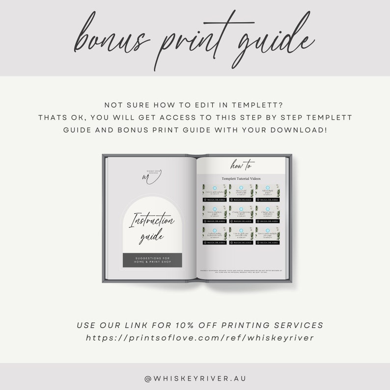 May include: A gray and white book with the title "Instruction Guide" and "How To" on the cover. The book is open to show a page with the title "Templett Tutorial Videos" and a grid of 12 thumbnails. The book is on a white background.