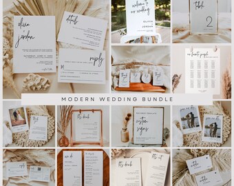 May include: A collection of printable wedding stationery templates in a modern style. The templates include a wedding invitation, RSVP card, details card, welcome sign, table number, seating chart, and drink menu. The templates are designed in a minimalist style with black calligraphy text on a white background.