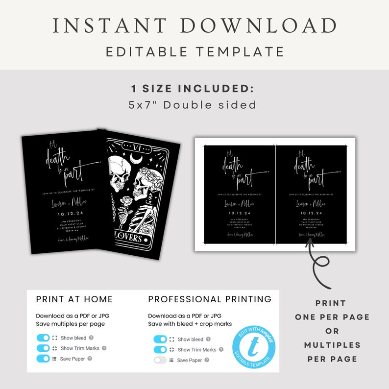 Gothic Wedding Invitation: The Lovers Tarot, Halloween Printable (Editable Template) image 5