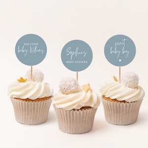 Blue Baby Shower Cupcake Toppers, Editable Template, Sweet Baby Boy, Minimalist Baby Shower Favor, WRB19