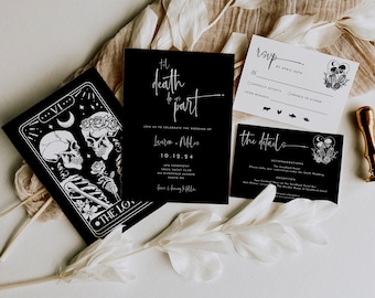 Gothic Wedding Invitation Suite: Halloween Tarot Card, The Lovers (Editable Template)