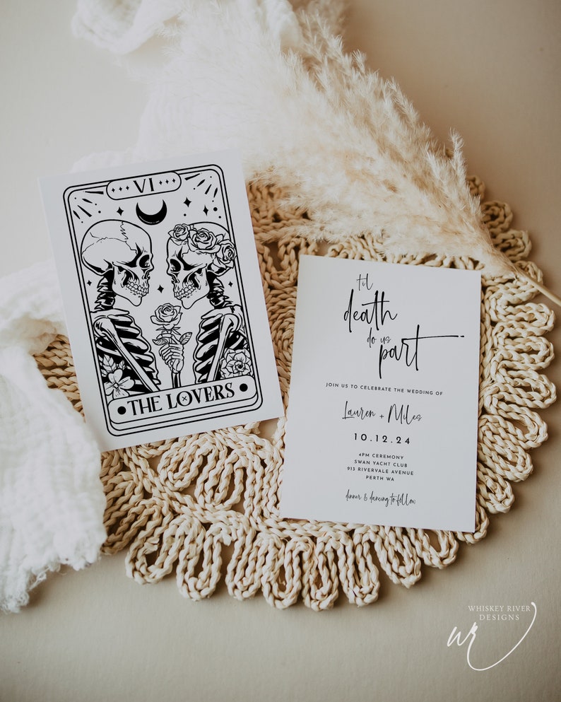 May include: Two wedding invitation cards. One card features a black and white illustration of skeletons and the text "THE LOVERS." The other card has the text "til death do us part" and wedding details.