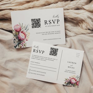 QR コード付き RSVP カード、編集可能なテンプレート、ネイティブ グリーンリー ウェディング RSVP ポストカード、花柄オンライン返信カード、WR030