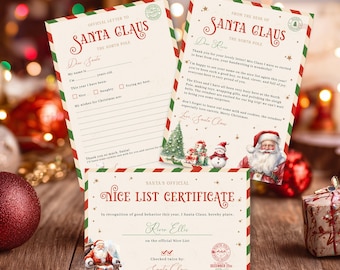 Op de afbeelding: Drie kerst-thema briefpapier items op een houten oppervlak. De items bevatten twee brieven aan de kerstman en een Nice List Certificate. De brieven hebben een rode en groene rand en illustraties van de kerstman.