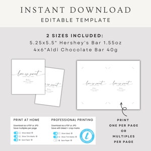 May include: Printable wedding favor tags with the text "love is sweet" in a script font. The tags are designed for Hershey's and Aldi chocolate bars. The image shows two different sizes of tags and instructions for printing at home or professionally.