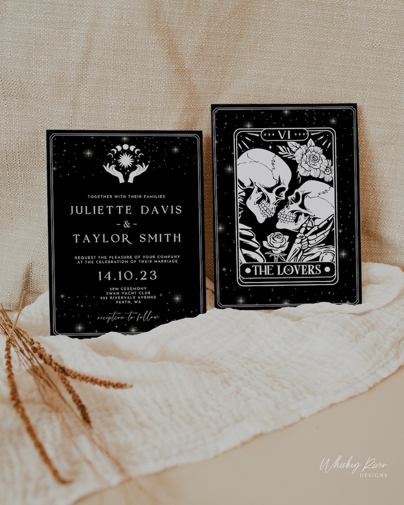 Invitación de boda de tarot gótico: Los amantes (plantilla editable) imagen 1
