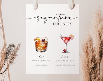 Signature Drinks Sign Template, Instant Downloadable Wedding Bar Menu Poster, Minimalist Wedding Signature Cocktail Sign, 18x24, 16x20 WR016