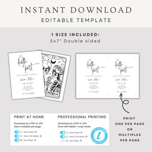May include: A black and white wedding invitation template with the text "Til death do us part". The design includes a tarot card with skulls and roses, and the size is 5x7 inches.