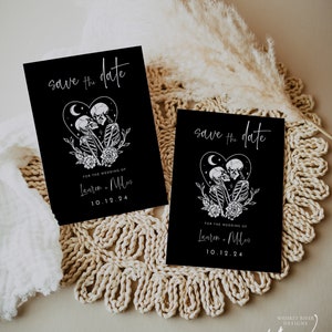 Gothic Save The Date, bearbeitbare Vorlage, Tarot-Karte Hochzeitsansage, The Lovers Save The Date, bis der Tod uns scheidet, WR019