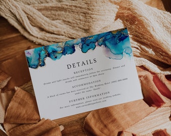 Blue & Gold Wedding Details Card, Editable Template, Modern Wedding Invitation Insert, Gold Agate, Templett, WR025