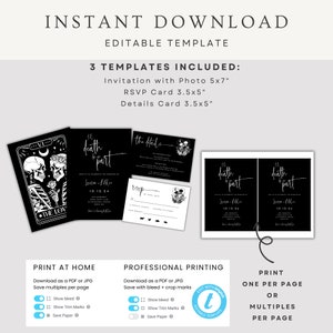 May include: Editable printable wedding invitation templates with a black and white skull and flower design. The templates include an invitation with a photo, an RSVP card, and a details card. The text on the invitation says "The Death of the Party".