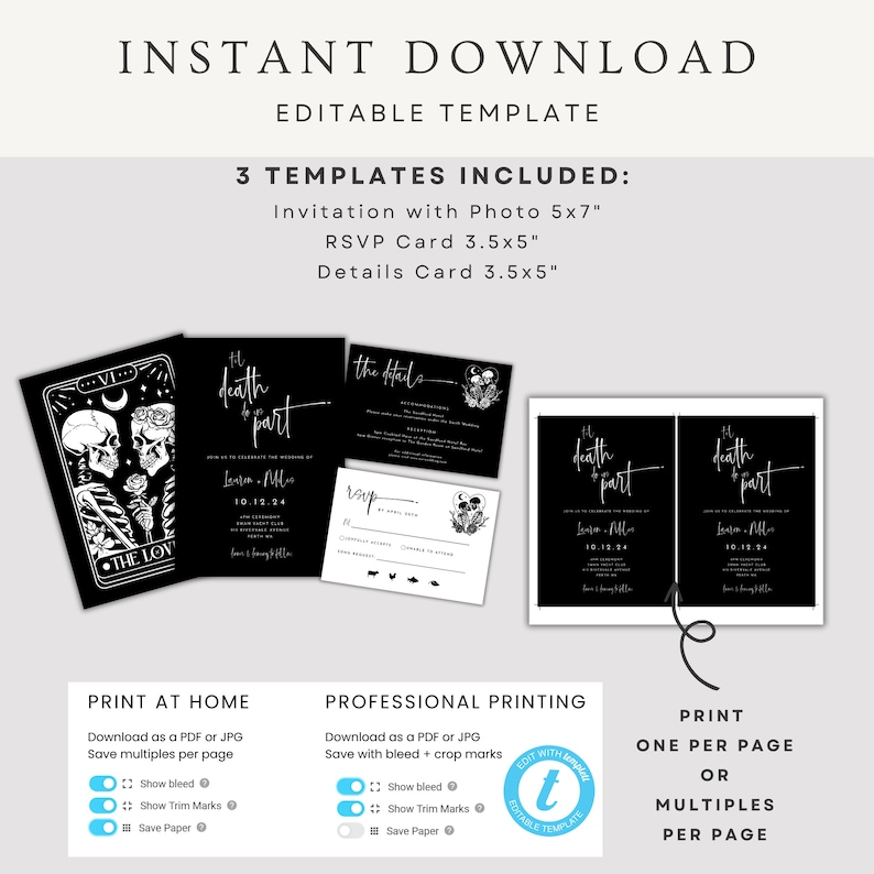 May include: Editable printable wedding invitation templates with a black and white skull and flower design. The templates include an invitation with a photo, an RSVP card, and a details card. The text on the invitation says "The Death of the Party".