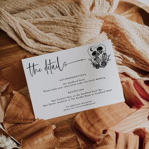Tarjeta de detalles de boda gótica, plantilla editable, Tarot de los amantes, inserción de invitación de boda, Templett, WR019