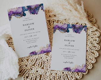 Lila & Blaue Hochzeitseinladung Vorlage, sofortiger Download, bearbeitbar, moderne Hochzeit einladen, Gold Achat Einladung, druckbare Hochzeit WR026