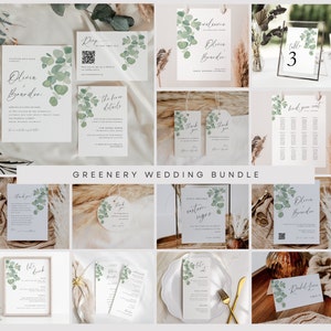 Greenery Wedding Invitation Template Bundle INSTANT DOWNLOAD Editable, Printable Wedding Set, Eucalyptus Wedding Suite QR Code, Canva WR006