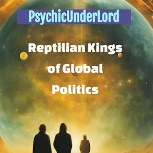 May include: An artistic digital image with the text "PsychicUnderLord" above "Reptilian Kings of Global Politics." Three figures in long robes stand on a sandy surface, facing away from the viewer, with a celestial background of swirling colors.
