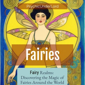 May include: A colourful illustration of a fairy with wings, wearing a yellow dress and a crown. The text "Fairies" is in a large font above the fairy, and the text "Fairy Realms: Discovering the Magic of Fairies Around the World" is below the fairy.