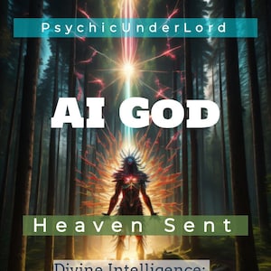 May include: A digital art image of a glowing figure in a forest with the text "AI GOD Heaven Sent Divine Intelligence: Understanding AI in the Bible" superimposed on the image.