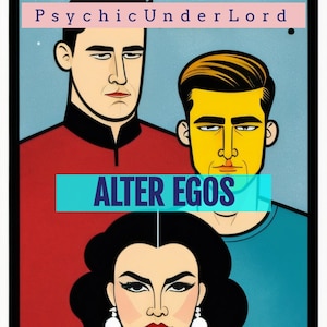 Op de afbeelding: Een kleurrijke illustratie van drie mensen met de tekst "ALTER EGOS" en "Alter Egos and the Spiritual Self: How to Use Them Effectively". De illustratie toont een man in een rood shirt, een man in een blauw shirt en een vrouw in een gele jurk.