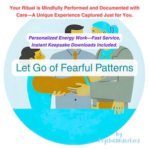 Op de afbeelding: Illustratie met tekst die luidt: "Uw ritueel wordt zorgvuldig uitgevoerd en gedocumenteerd met zorg." De afbeelding bevat ook de tekst "Gepersonaliseerd energie werk - Snelle service, Directe download van aandenkens" en "Laat angstige patronen los".
