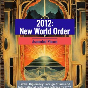 Könnte beinhalten: Eine Illustration im Vintage-Stil eines goldenen Tores mit einer Treppe, die zu einem hellen Licht führt. Der Text "2012: New World Order" ist in blauen und roten Buchstaben geschrieben. Der Text "Ascended Places" ist in roten Buchstaben geschrieben. Der Text "Global Diplomacy: Foreign Affairs and International Relations Policies for 2012." ist in weißen Buchstaben geschrieben.