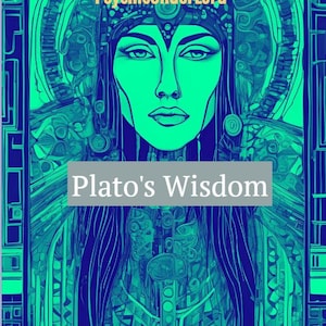 Peut inclure: Une illustration numérique d'une femme avec des motifs géométriques bleus et verts. La femme porte une coiffe et a une expression sérieuse. Le texte "Plato's Wisdom" est écrit en lettres blanches sur un fond gris.