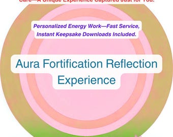 Peut inclure: Graphique circulaire avec des anneaux concentriques roses, verts et pêche. Le texte comprend "Aura Fortification Reflection Experience" et des phrases sur le travail énergétique personnalisé.