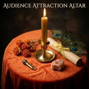 Può includere: Una candela dorata in un candeliere di ottone, un piccolo microfono dorato, una pergamena arrotolata con un nastro dorato, piume di pavone e fiori arancioni su un panno arancione. Il testo AUDIENCE ATTRACTION ALTAR è in alto.