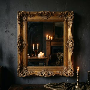 May include: A rectangular wall mirror featuring an ornate, heavy gold-toned frame with intricate carved scrollwork and shell motifs. The glass surface reflects a dimly lit room with a fireplace, several lit candles, and a wooden table.