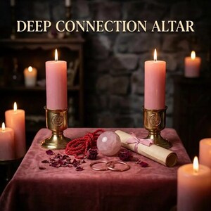 Può includere: Due candele a pilastro rosa in supporti di ottone, una sfera di quarzo rosa, una pergamena arrotolata legata con un nastro rosa, due anelli di rame e un cordino rosso su un panno di velluto. Il testo DEEP CONNECTION ALTAR è visibile in alto.