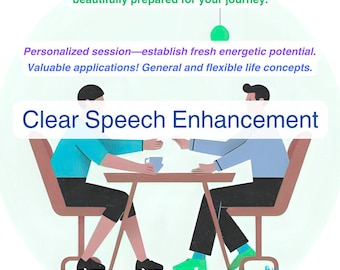 May include: An illustration with the text "Clear Speech Enhancement." Two figures sit at a table, one holding a cup. The image includes text about personalized sessions and altar images. The background is light green.