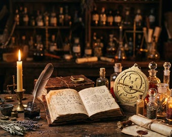 May include: An open book with handwritten symbols and text rests on a wooden table alongside a brass astrolabe, a lit candle in a metal holder, a feather quill in an inkwell, and several glass bottles filled with various liquids and dried herbs.