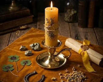May include: A yellow pillar candle decorated with dried herbs and coins, set in a brass candlestick holder. The text FAVORABLE OUTCOMES ALTAR appears above. Items include a horseshoe, four-leaf clovers, pyrite stones, and a rolled parchment.