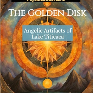 May include: A painting depicting a golden disk with a sun-like design in the center, surrounded by concentric circles and a starry sky. The disk is suspended above a body of water with mountains in the background. The text "The Golden Disk" and "Angelic Artifacts of Lake Titicaca" are written in the image.