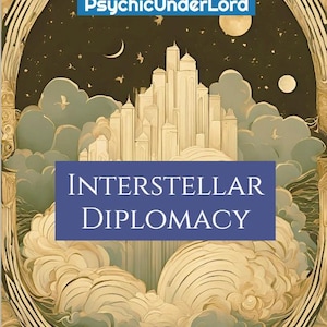 May include: An artistic illustration featuring a celestial cityscape above stylized clouds. The image has a dark background with stars, moons, and birds. Text includes "PsychicUnderLord" and "Interstellar Diplomacy".
