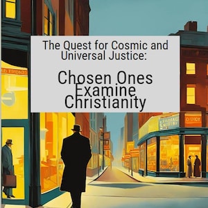 Könnte beinhalten: Ein Gemälde eines Mannes, der nachts durch eine Stadtstraße geht. Die Straße ist gesäumt von Gebäuden mit beleuchteten Fenstern. Der Text "The Quest for Cosmic and Universal Justice: Chosen Ones Examine Christianity" ist in der Mitte des Bildes geschrieben.