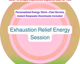 May include: An image with a circular design featuring concentric rings of pink, peach, and green. Text includes "Exhaustion Relief Energy Session" in teal, and other phrases about personalized energy work and unique experiences.