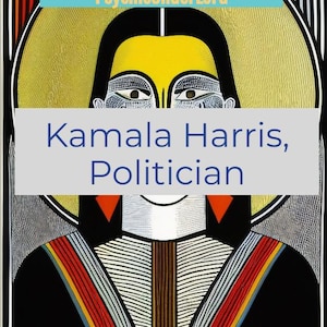 May include: A stylized portrait of Kamala Harris, Politician, in a black, yellow, red, and white geometric pattern.